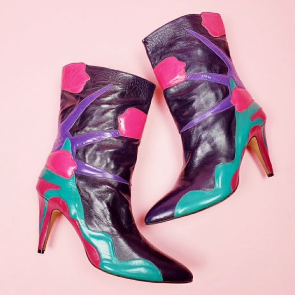 SOLDVtg 80s colorblock boots/heels - Picture 5 of 16
